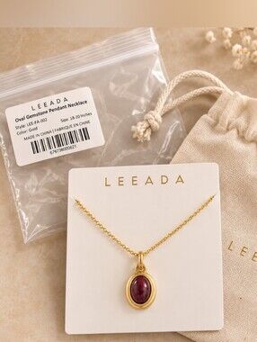 LEEADA Oval Gemstone Pendant Necklace – Gold Burgundy – 18–20" – New